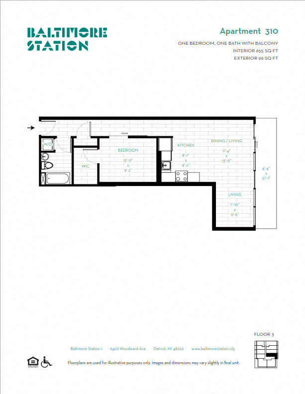 Floor plan for 1 bed, 1 bath, 655 sqft